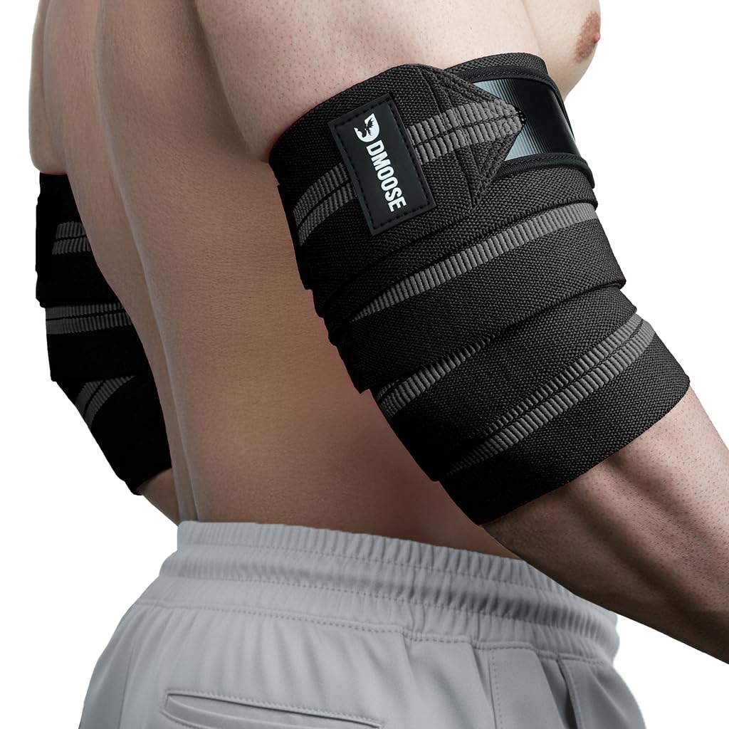 Elbow Wraps for Weightlifting (Pair) - 40'' Adjustable Elbow Strap for Gym Workout & Bench Press, Compression Elbow Wraps for Tendonitis & Joint Support, Elbow Sleeve (Gray Stripes)
