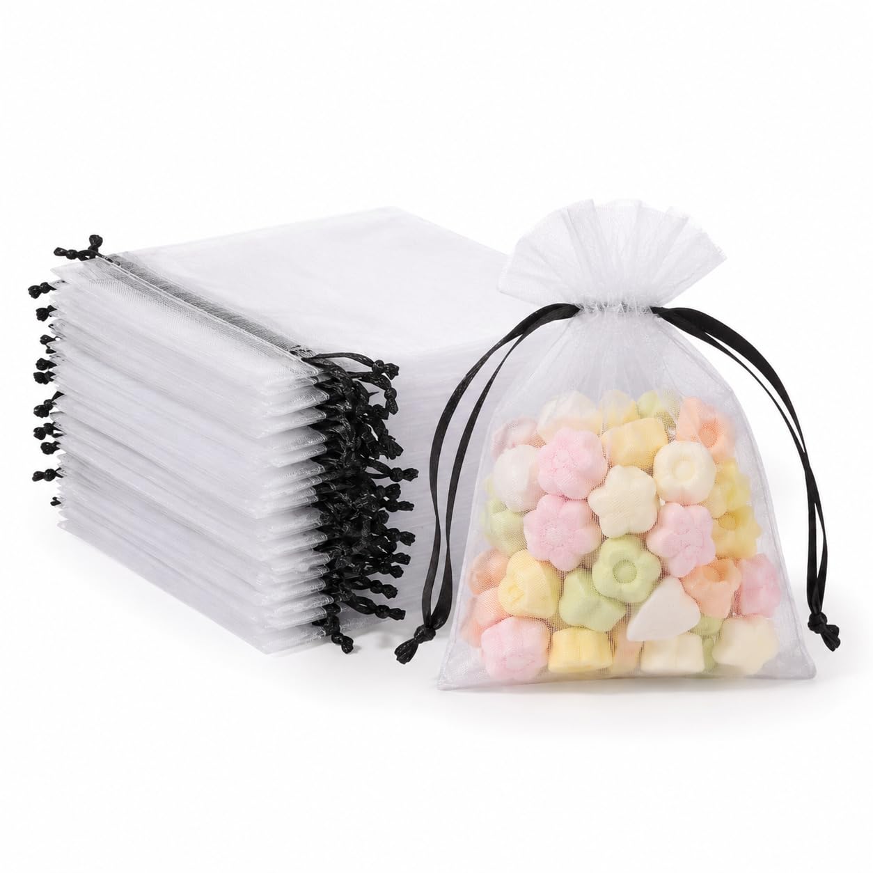 Hopttreely 100PCS White Organza Bags with Black Drawstring, 4x4.72 Inch Small Gift Bags for Jewelry Candy Goodie Treat Sachet, Mesh Gift Bag Drawstring for Wedding Graduation Baby Shower Party Favors, Gifts Wrapping Supplies