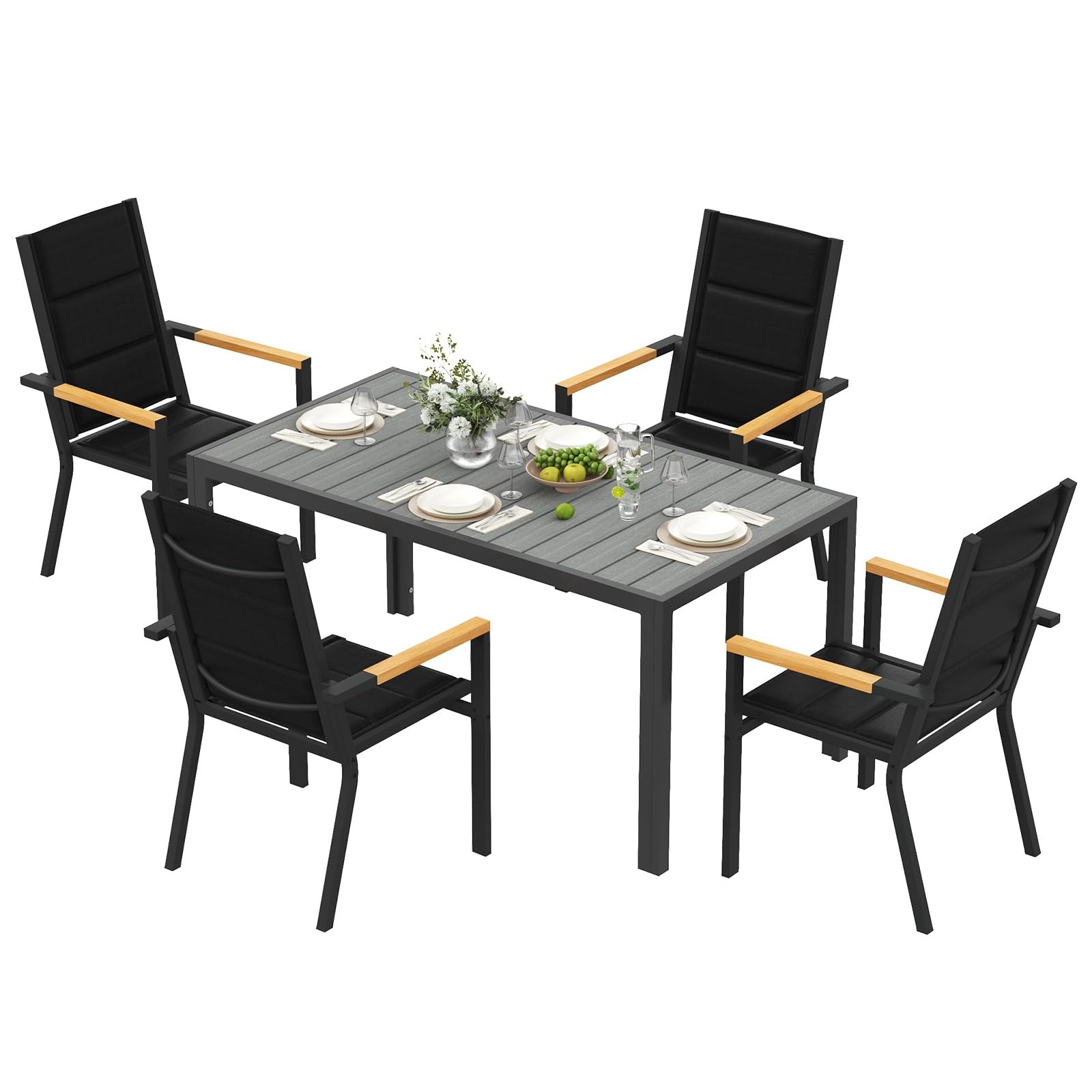 Devoko Set Arredo Giardino 4 Persone Tavolo 150 cm Design Vena Legno Sedie Impilabili Alluminio Grigio