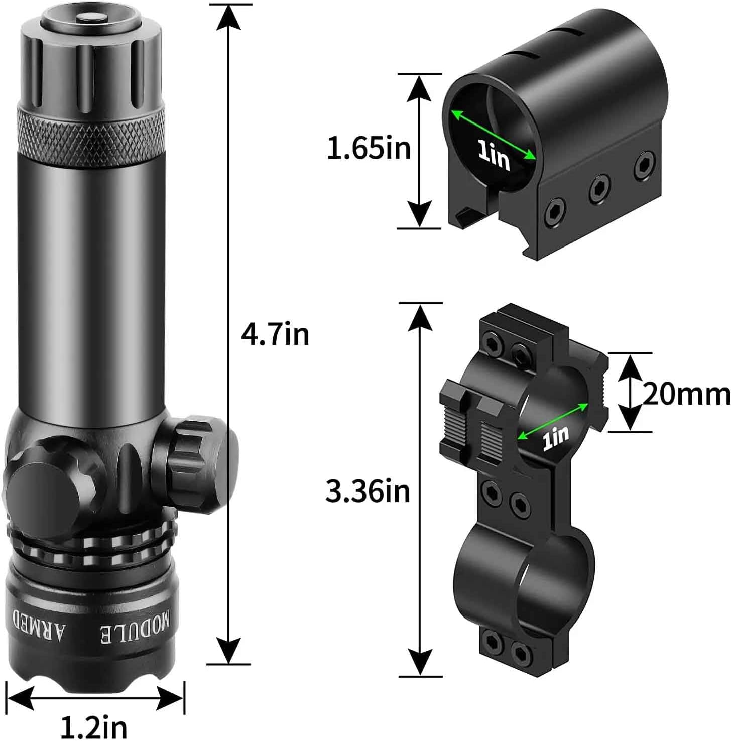 TRINITY Green Laser Sight with Picatinny Rail Mount & 12 Gauge Magazine Tube Mount - Class IIIA 635nM Less Than 5mW, Single Rail Mount.