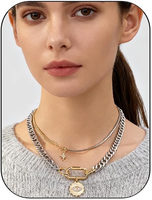 Valentines Day Gifts for her,Gold Statement Necklace,Muliti Layered Necklaces for Women,Chunky Two Tone Mixed Metal Necklace Set with Charm Pendant, Paperclip Stacked Chain, Trendy Coin Jewelry Gift for Her Gifts for Chrismas