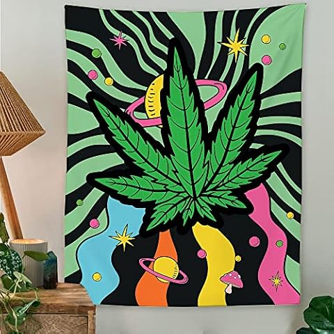 Weed Leaves Tapestry Green Leaf with Planet Tapestry Wall Art Trippy Fantasy Tapestry for Bedroom Living Room Dorm Decor Wall Background Blue 60"W x 40"H Cover