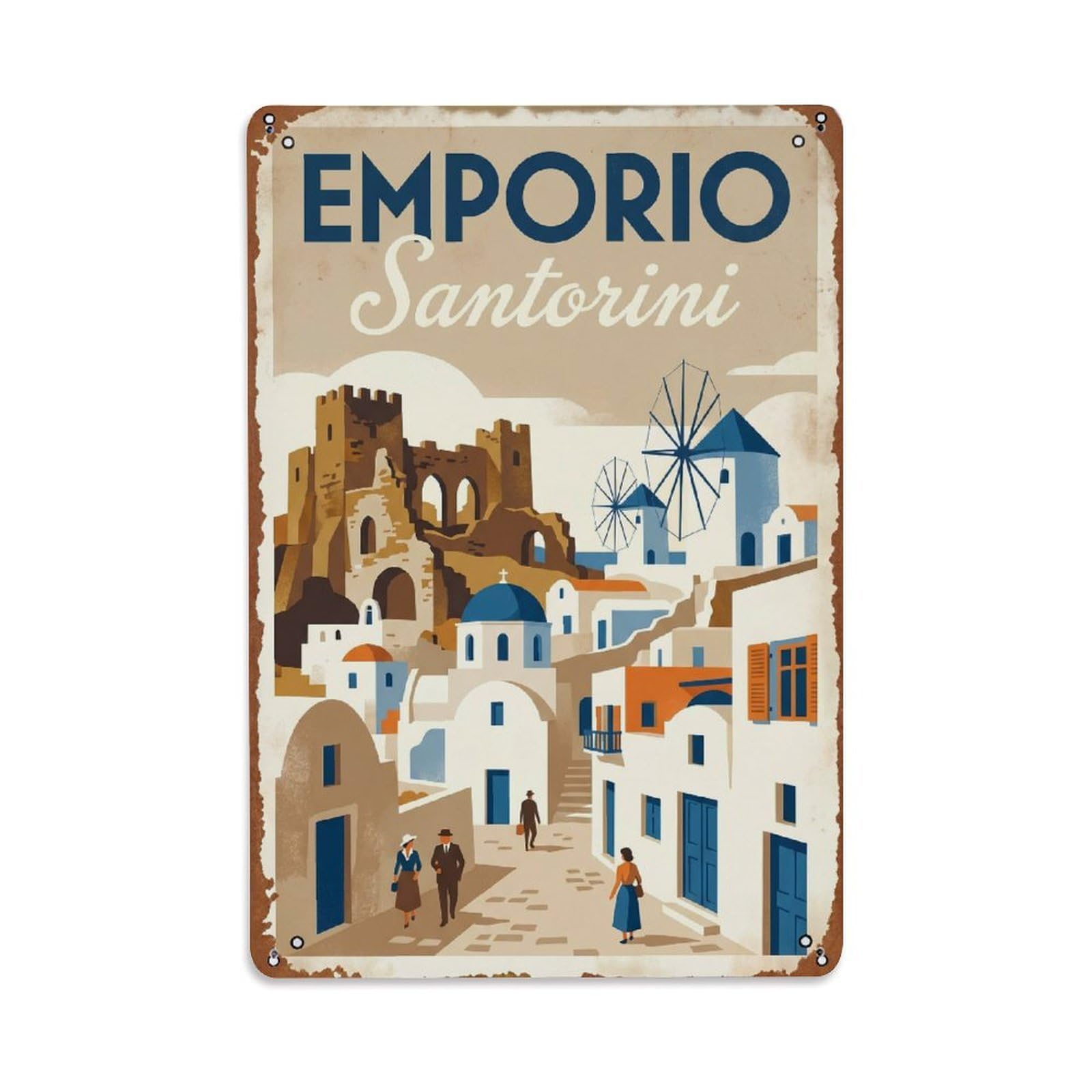 Vintage Travel Emporio Santorini Village Metal Tin Sign