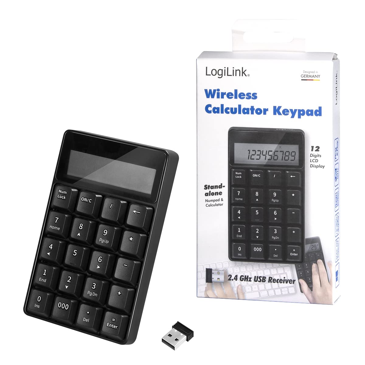 LogiLink ID0199 - bezprzewodowa klawiatura radiowa (2,4 GHz) z kalkulatorem i wyświetlaczem LCD, kolor czarny