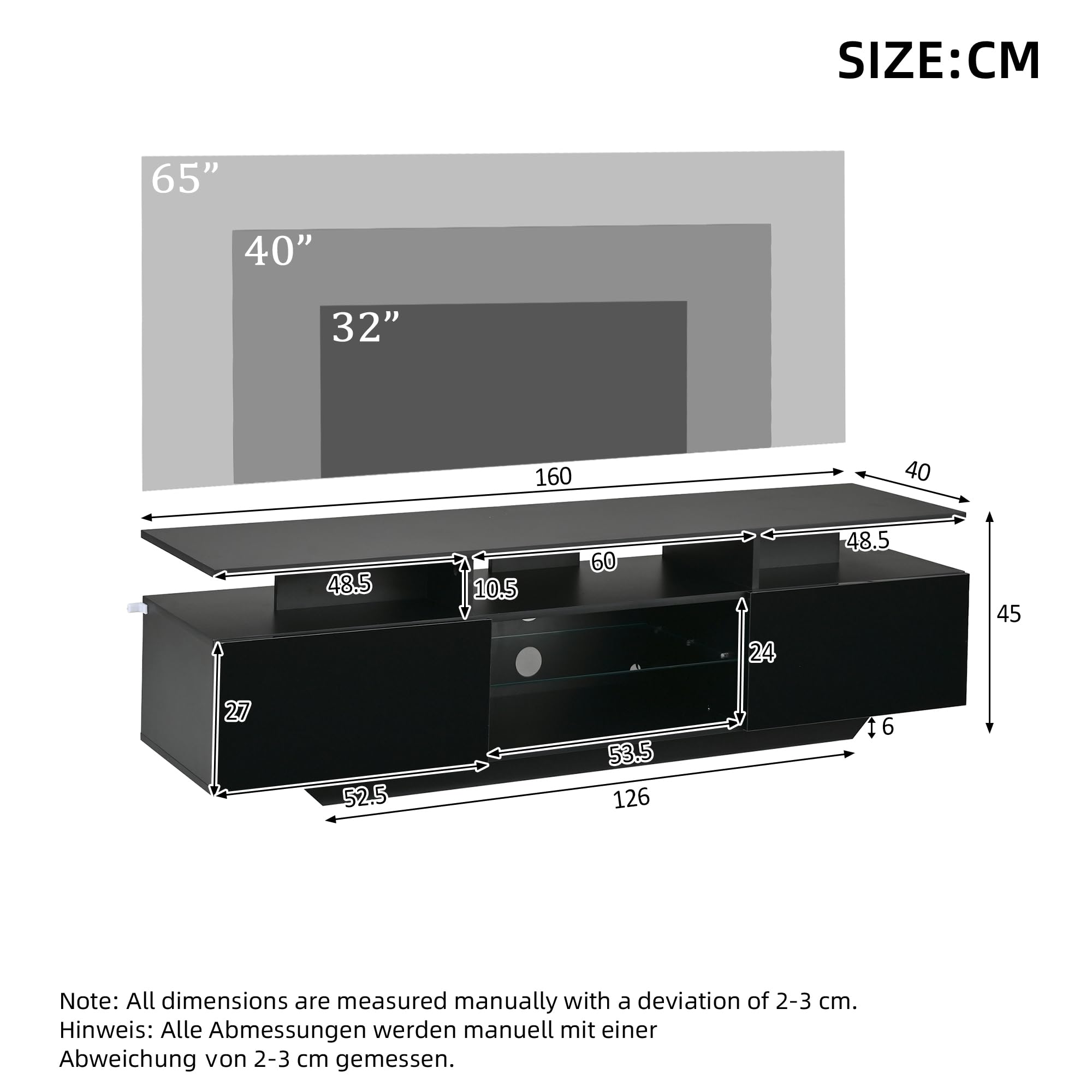 160 x 40 x 45 cm, szafka pod telewizor z 2 szafkami, szafka do salonu, szafka pod telewizor z listwą świetlną LED, nowoczesne centrum rozrywki z 8 półkami, MDF, telewizor 70", czarna