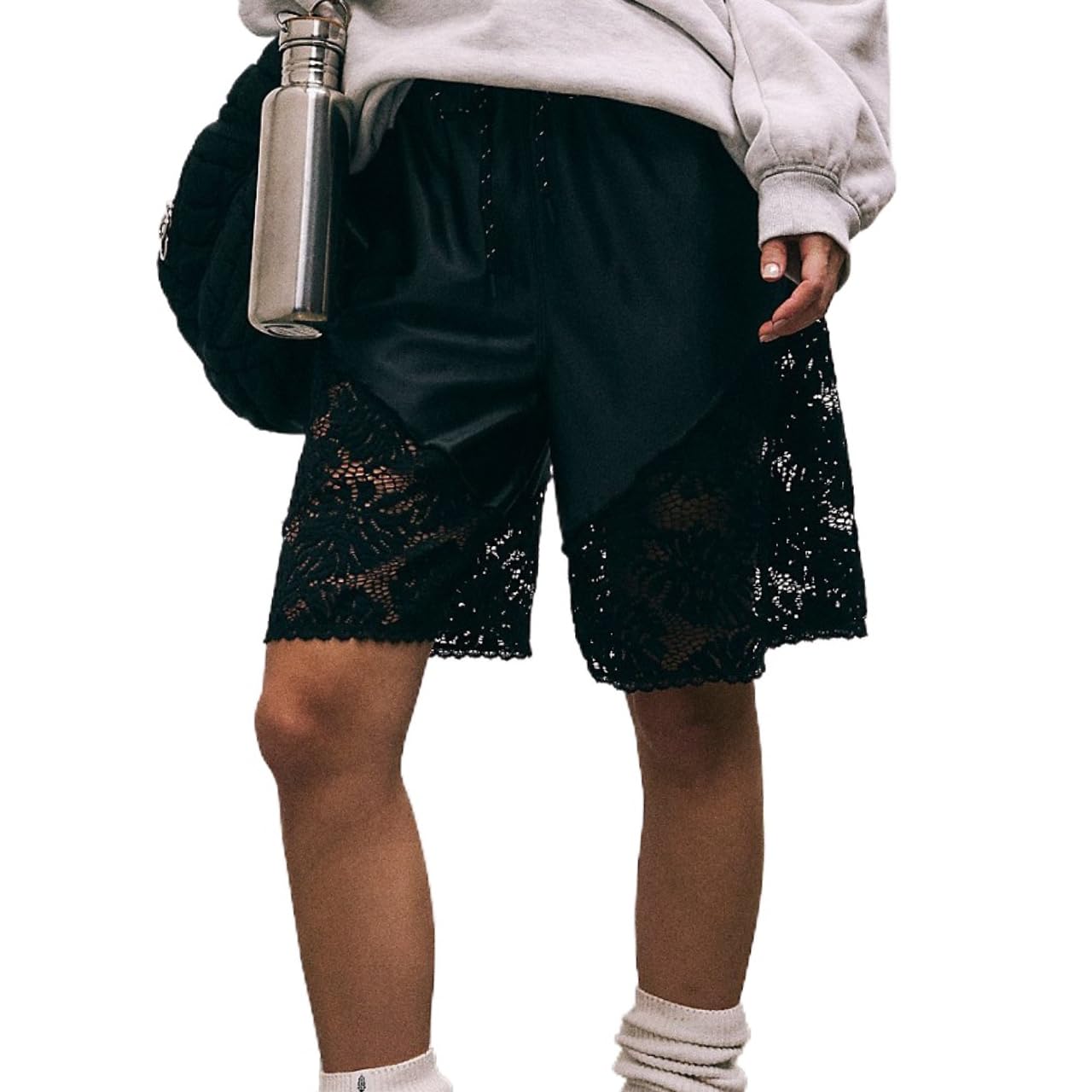 Lace Trim Satin High Waisted Bermuda Shorts Women Knee Length Cute Basketball Shorts Y2k