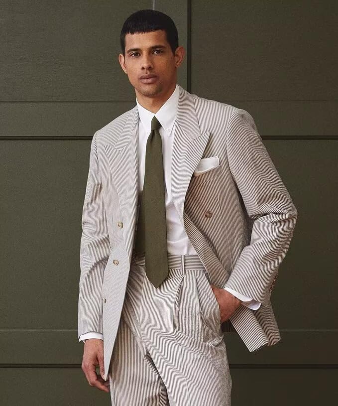 Men's Seersucker Suit 2 Piece Set Striped Double Breasted Suits for Men Summer Beach Wedding Prom Suits2