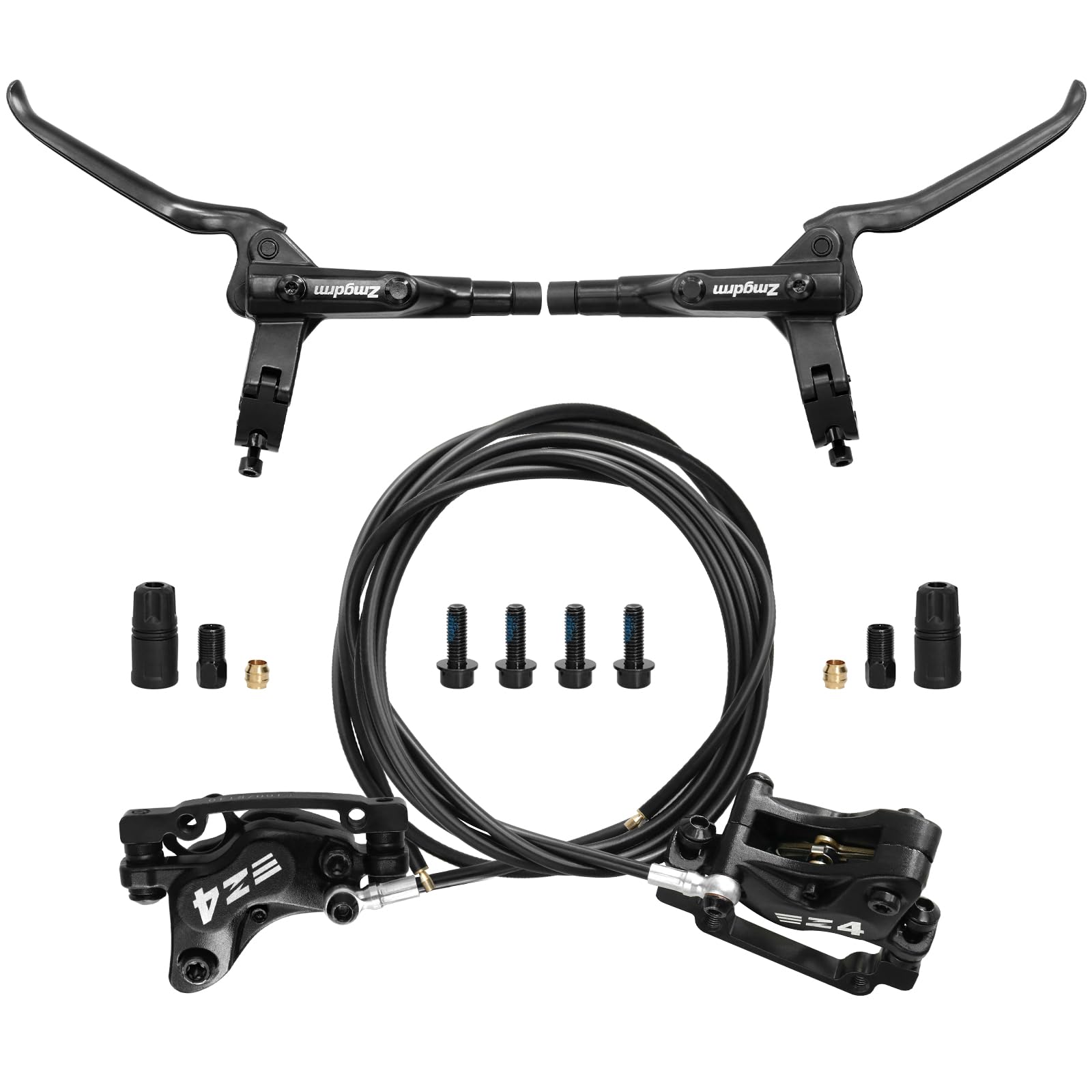 4-Piston MTB Hydraulic Disc Brakes Set Front 850mm and Rear 1600mm Hydraulic Disc Brake for eBike Mountain Bike,Pre-Bled Hydraulic Brake Kit with Mounting Adapter