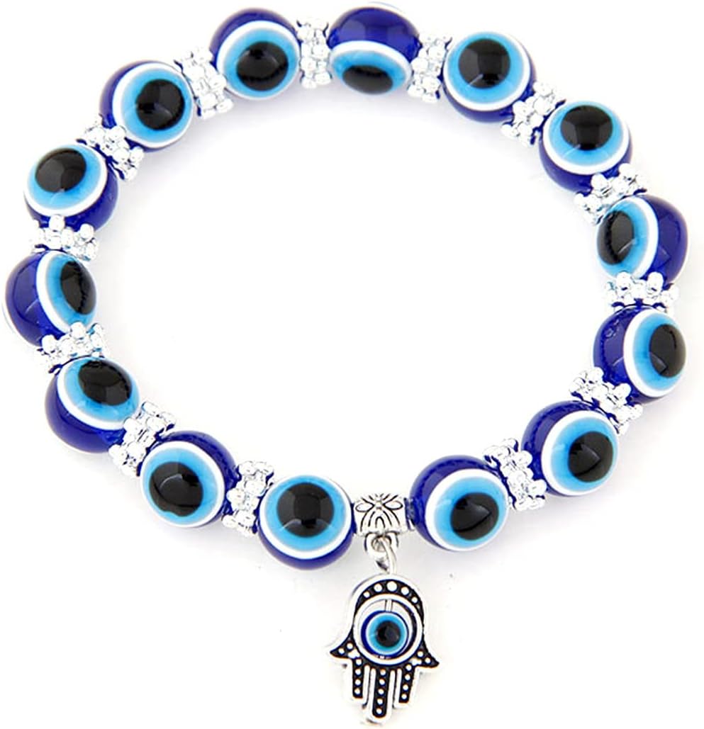 CaiyaoEvil Eye Beaded Bracelet Lucky Handmade Stretchy Fatima of Hamsa Hand Pendant Seed Bead Bracelet for Women Men Girl Boy Teen Protection Amulet Jewelry Gift