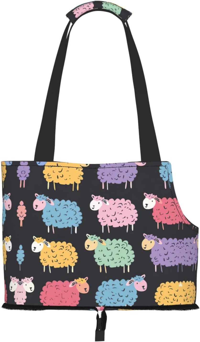 Cute Colorful Sheep Cartoon Pattern Print Portable Foldable Shoulder Bag for Travel,with Collar Hook and Handle Pad,Cute Stylish Design
