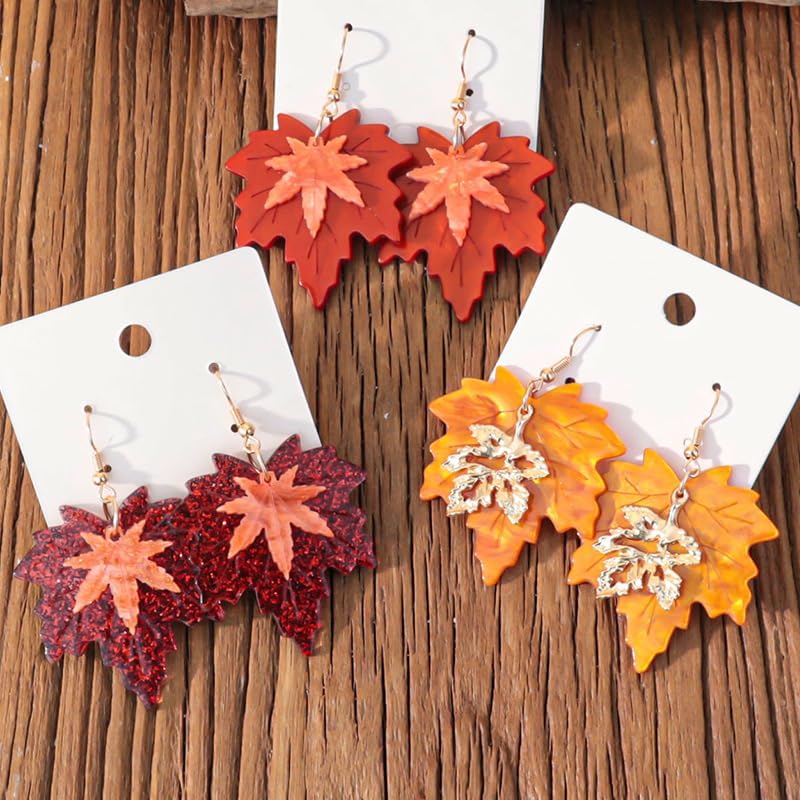 Thanksgiving Maple Leaf Hook Dangle Drop Statement Earrings for Women - Acrylic Autumn Fall Orange Leaves Huggie Hoops Dangling Earring Fashion Lightweight Jewelry - Image 7