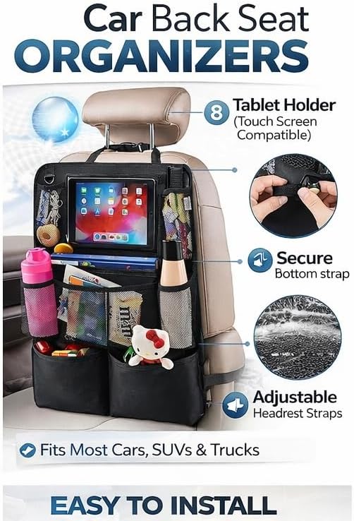 LILTOM Car Back Seat Protector with Organizer, 19"x27" XL Kick Mats, Waterproof, 3 Pockets, 2-Pack (Black - 8 Pocket) image 4