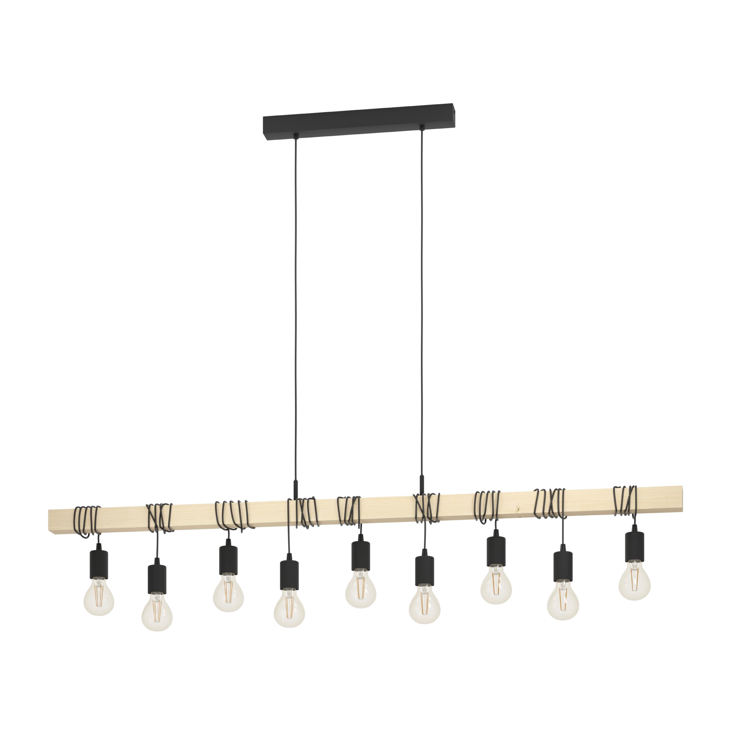 EGLO Pendellampe Townshend, 9 flammige Vintage Pendelleuchte im Industrial Design, Retro Hängelampe aus Stahl und Holz, Farbe Schwarz, braun, FSC zertifiziert, Fassung E27