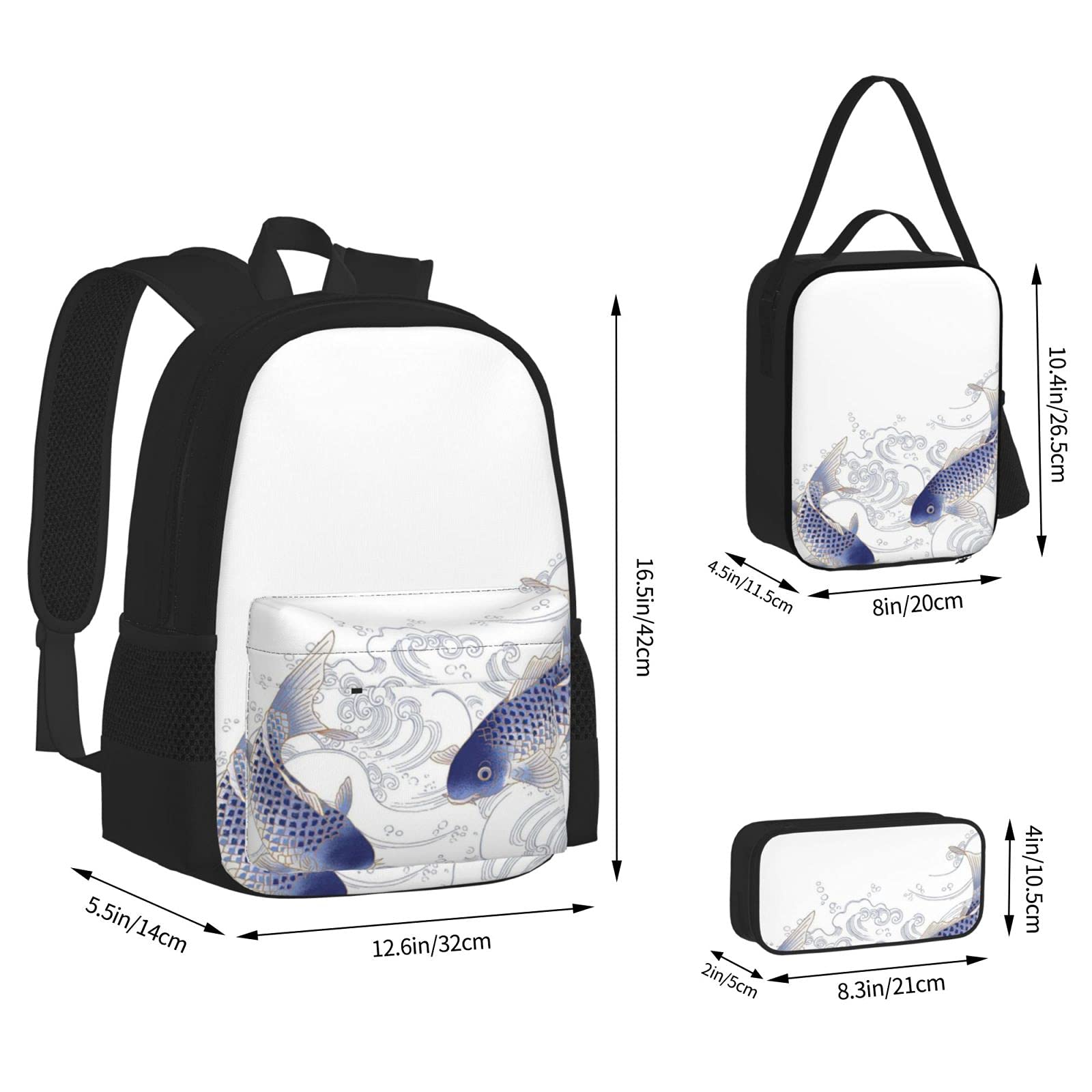 Carpa da nuoto Zaino scolastico in tre pezzi per ragazze e adolescenti (combinazione borsa scuola + astuccio + borsa pranzo)