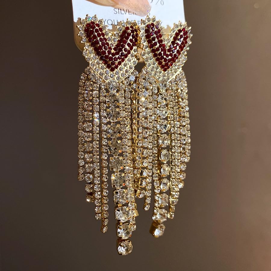 Rhinestone Heart Dangle Drop Earrings for Women Fashion Crystal Statement Long Tassl Earring Wedding Bridal Drop Dangle Jewelry - Image 4