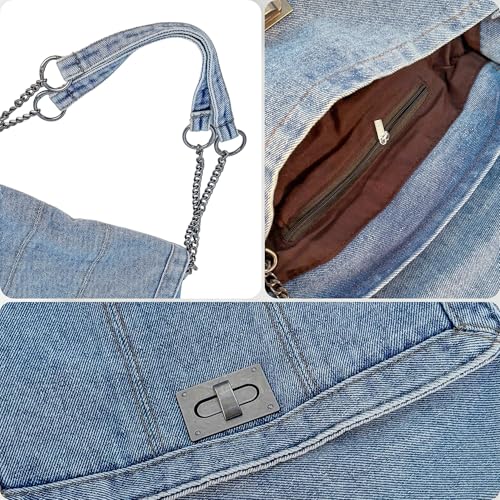 Eiyye Vintage Denim Shoulder Bag with Adjustable Chain Strap & Turn-Lock Flap Women’s Jean Hobo Purse Crossbody Bag4