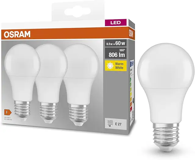 Osram BASE CLASSIC A 60 FR LED-Lampe E27, 3er Pack, 8,5W, warmweiß, energiesparend