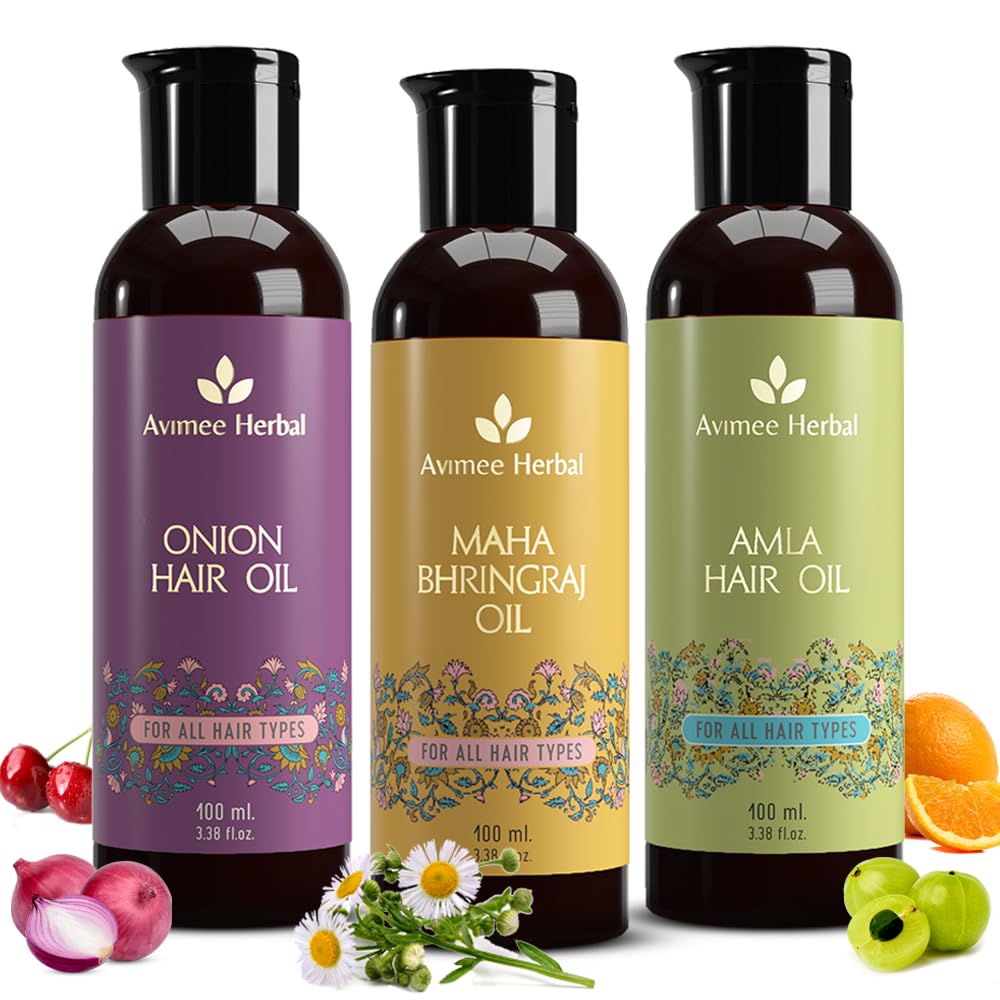 Avimee Herbal Hair Oil Combo | Pack of 3 | Onion Oil, Bhringraj Oil & Amla Oil | For Hair Growth, Hair Fall Control & Scalp Care | 3 x 100ml
