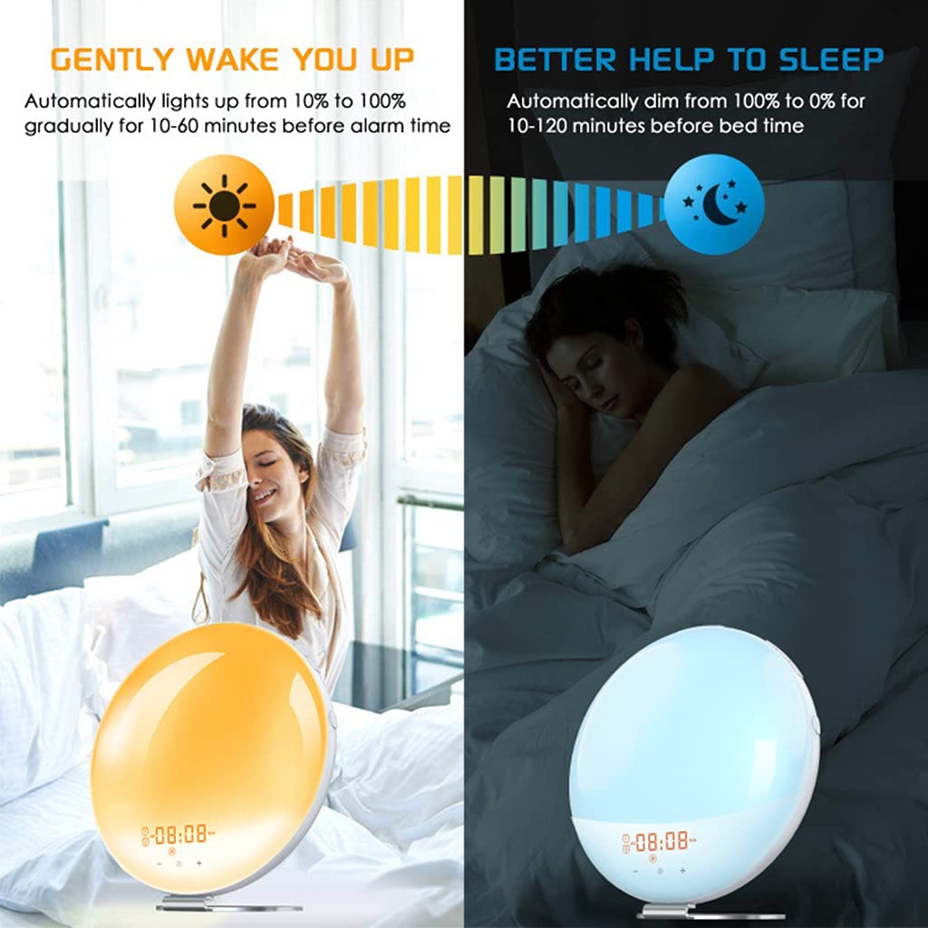 Wake Up Light Sveglia, Simulazione Alba/Tramonto, Radiosveglia Digitale, con Doppi Allarmi, Funzione Snooze, FM Radio