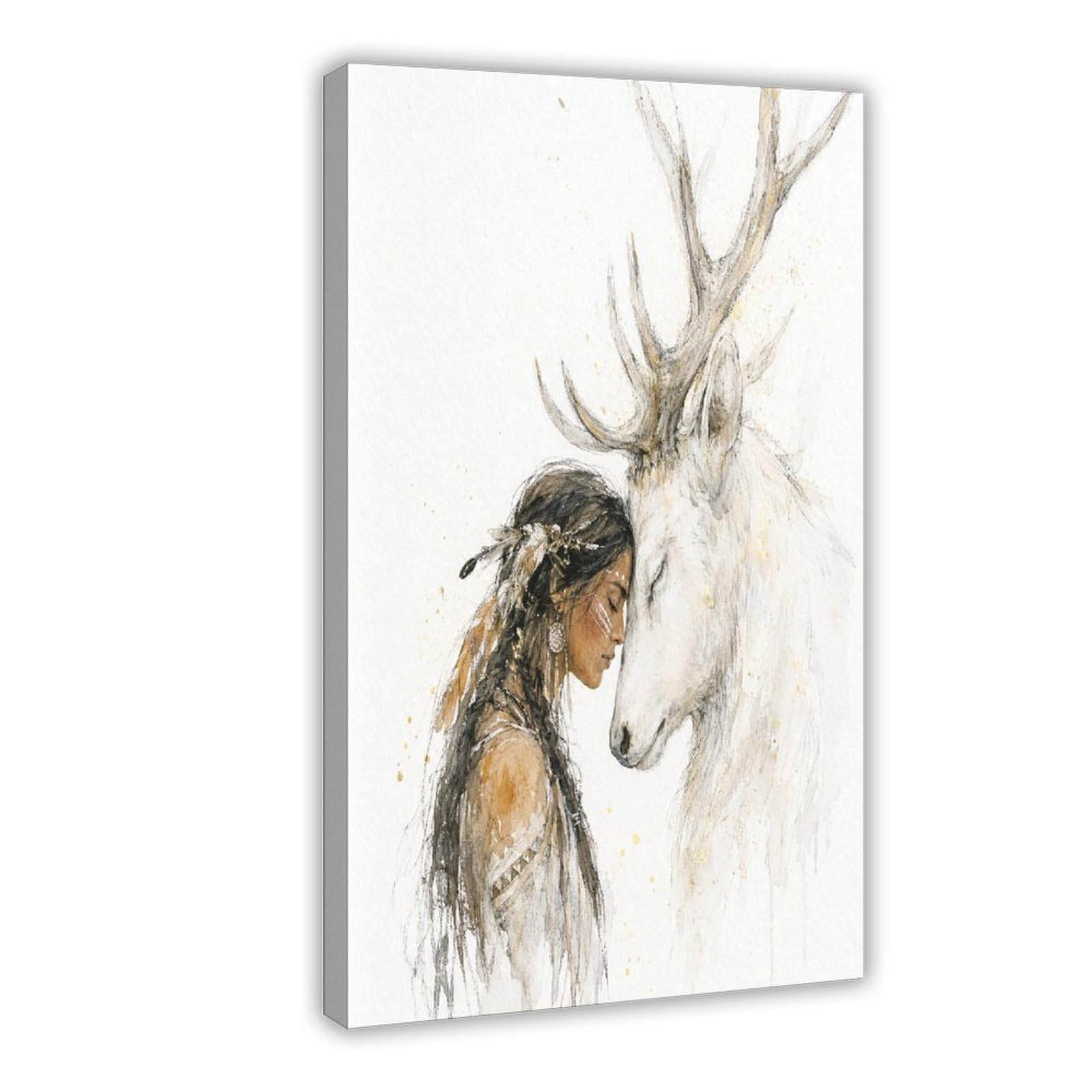 H3b8u2y5 Frame-Style Native Woman With White Deer Canvas Wall Art, Spiritual Wildlife