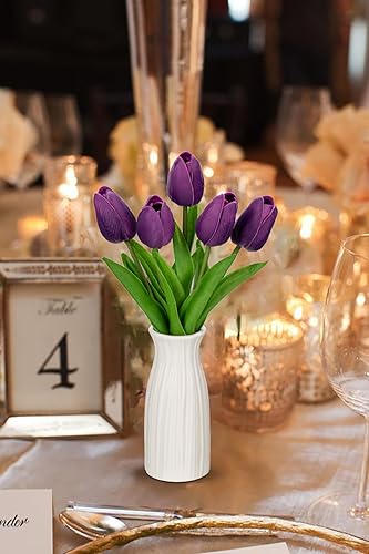 Miniatura 3 de Briful Paquete de 2 tulipanes artificiales de flores sintéticas con jarrón de cerámica, tulipanes morados de espuma de polietileno, arreglo floral