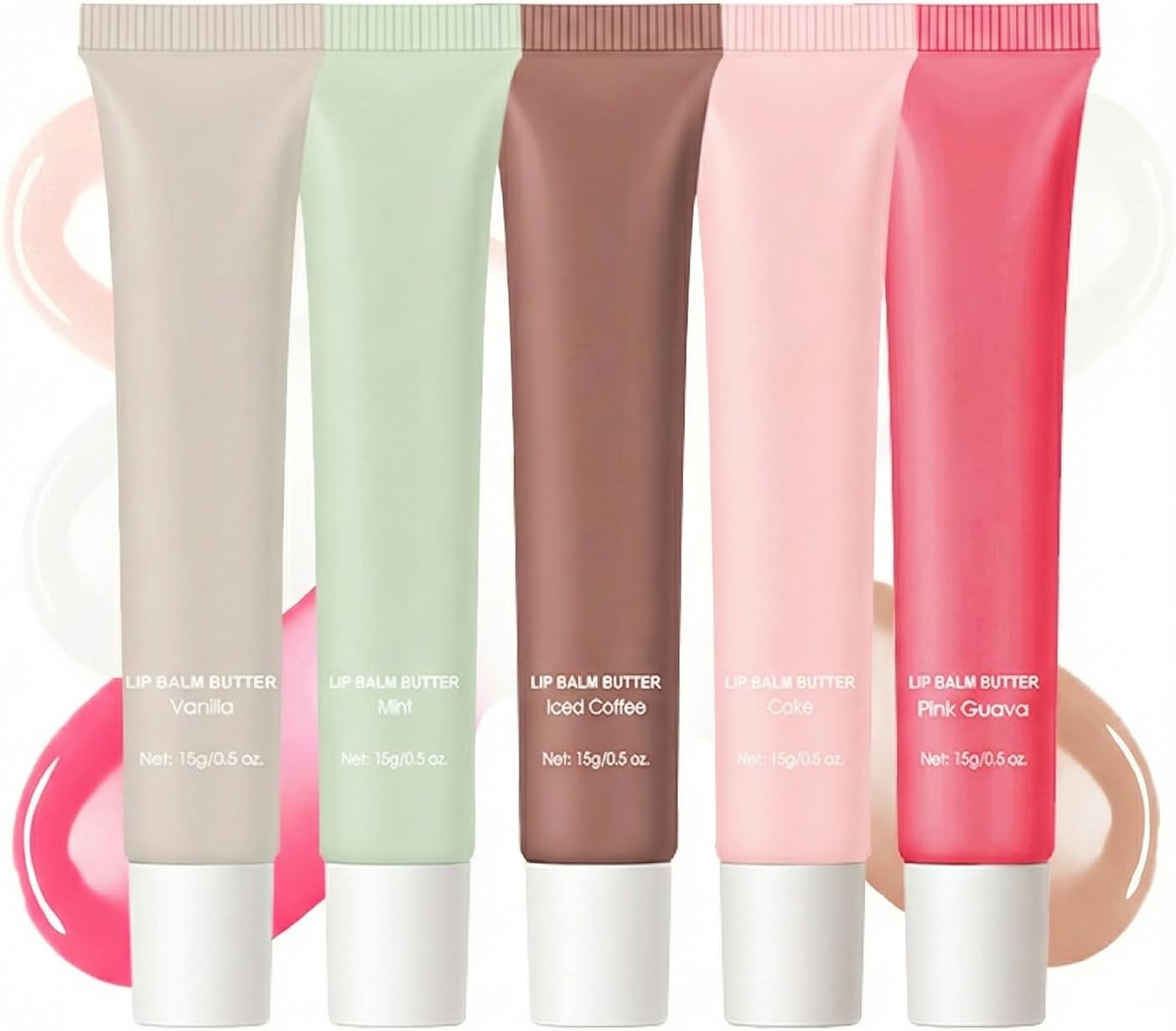 5Pcs Summer Tinted Lip Butter Balm - Ultra-Hydrating, Nourishing Lip Care with Natural Ingredients, Soothes & Softens Dry Lips, Birthday Cake with Slight Shine(Vanilla+Mint+Coffee+Cake+Guava, 5Pcs)