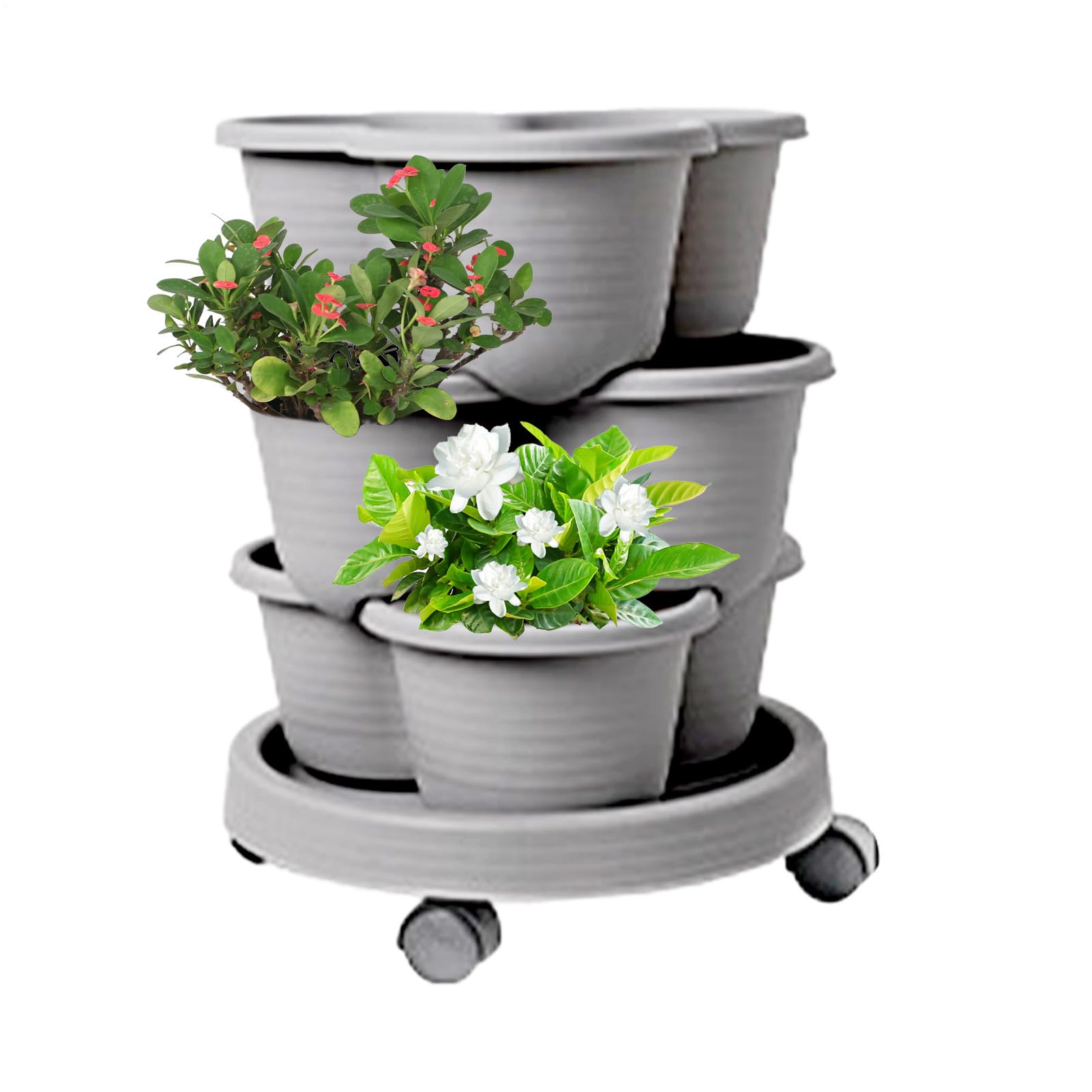 Torre Cultivo Vertical De Cultivo En Contenedor con Ruedas Extraíbles | Jardinera Exterior Superponible En Niveles Kit De Herramientas Para Verduras, Suculentas Y Fresas, Interior Y Exterior