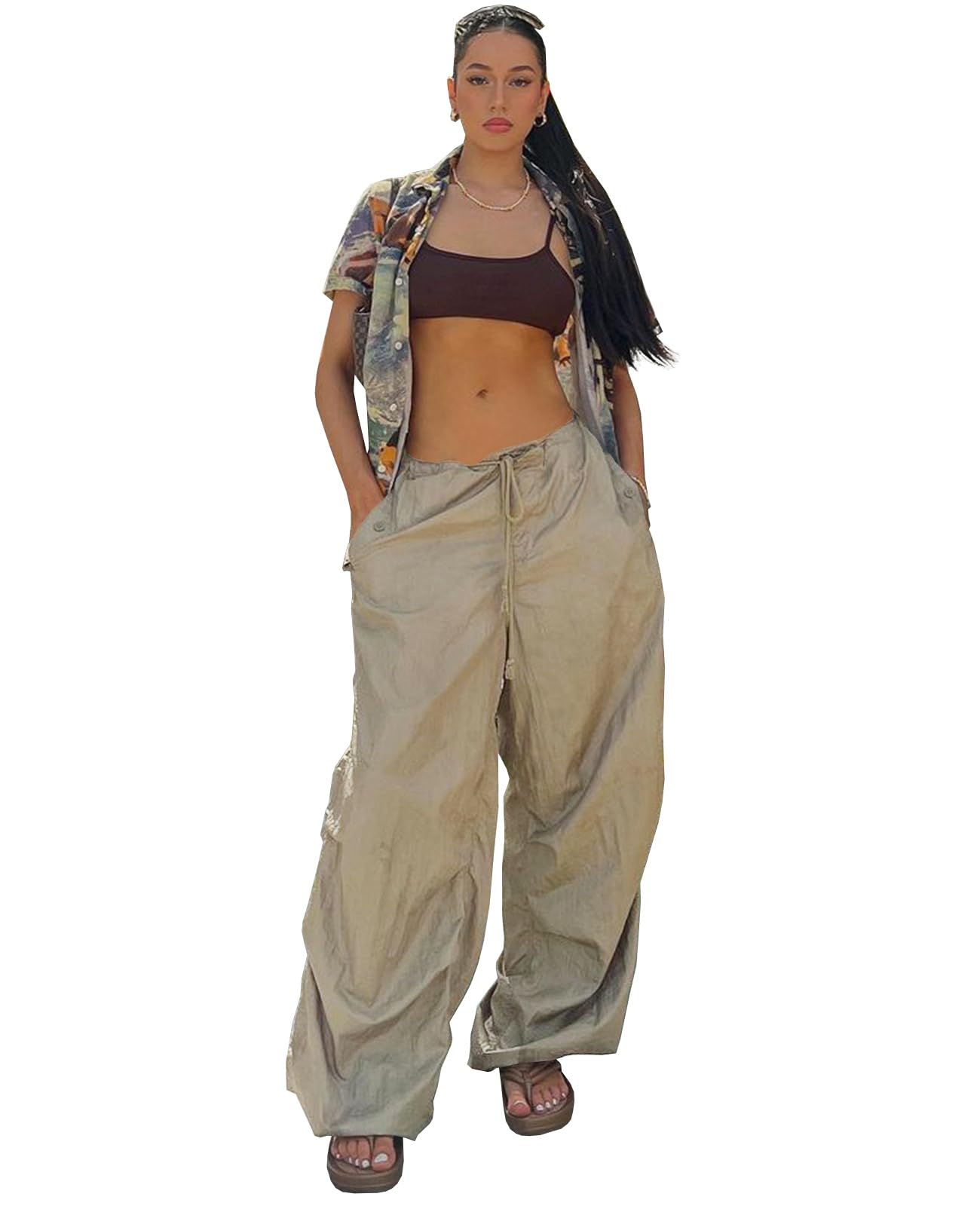 Pulkritu Women Fashion Drawstring Waist Loose Straight Draped Side Cargo Pants Female Street Safari Stlye Wide Leg Trouser