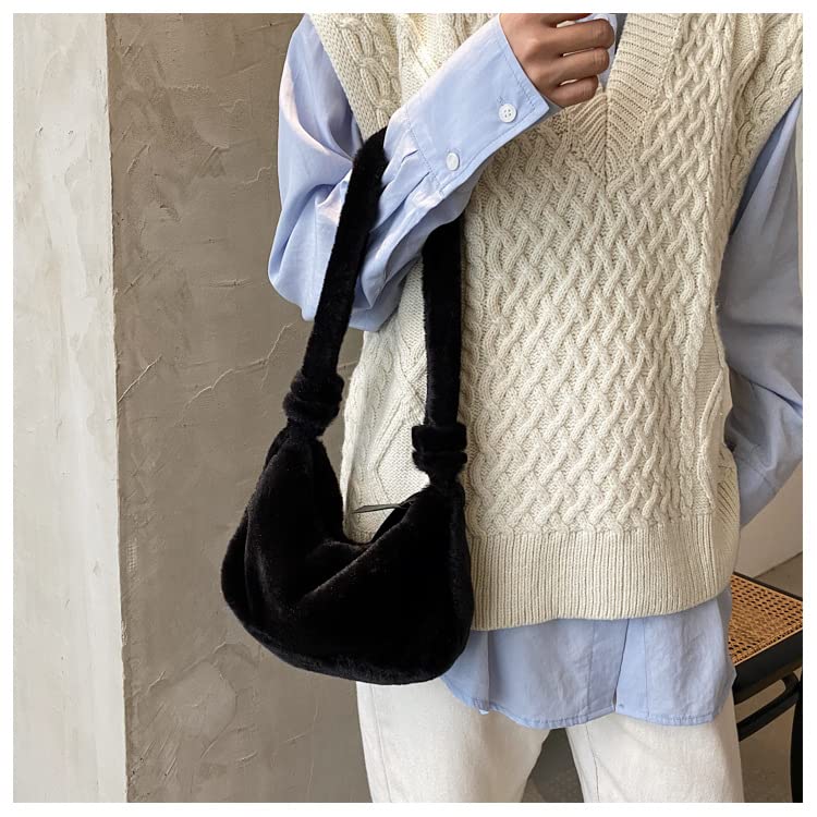 Plush Mini Shoulder Bag for Women – Korean Style Soft Fuzzy Handbag with Zipper Closure