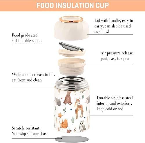 Miniatura 4 de MCHIVER Cute Forest Animal Food Jar with Spoon Stainless Steel Vacuum Insulated Food Container 17 oz Soup Thermos for Hot Food