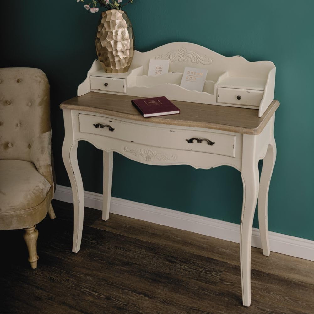Romantischer Schreibtisch Versailles 90cm antik-Weiss braun Sekretär Shabby-Chic Schubladen Bicolor