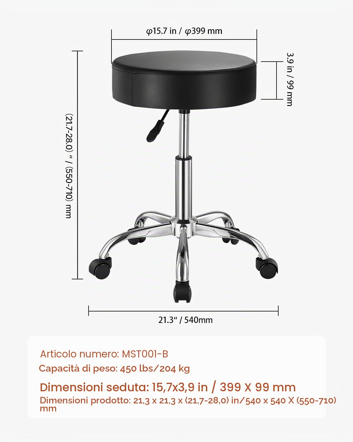 VEVOR Sgabello Girevole, Capacità di Peso 204 kg, Sgabello Girevole Rotondo in Pelle, Ispessita Regolabile in Altezza, Sgabello con Cuscino Spesso per Salone, Spa, Massaggi, Clinica, Nero