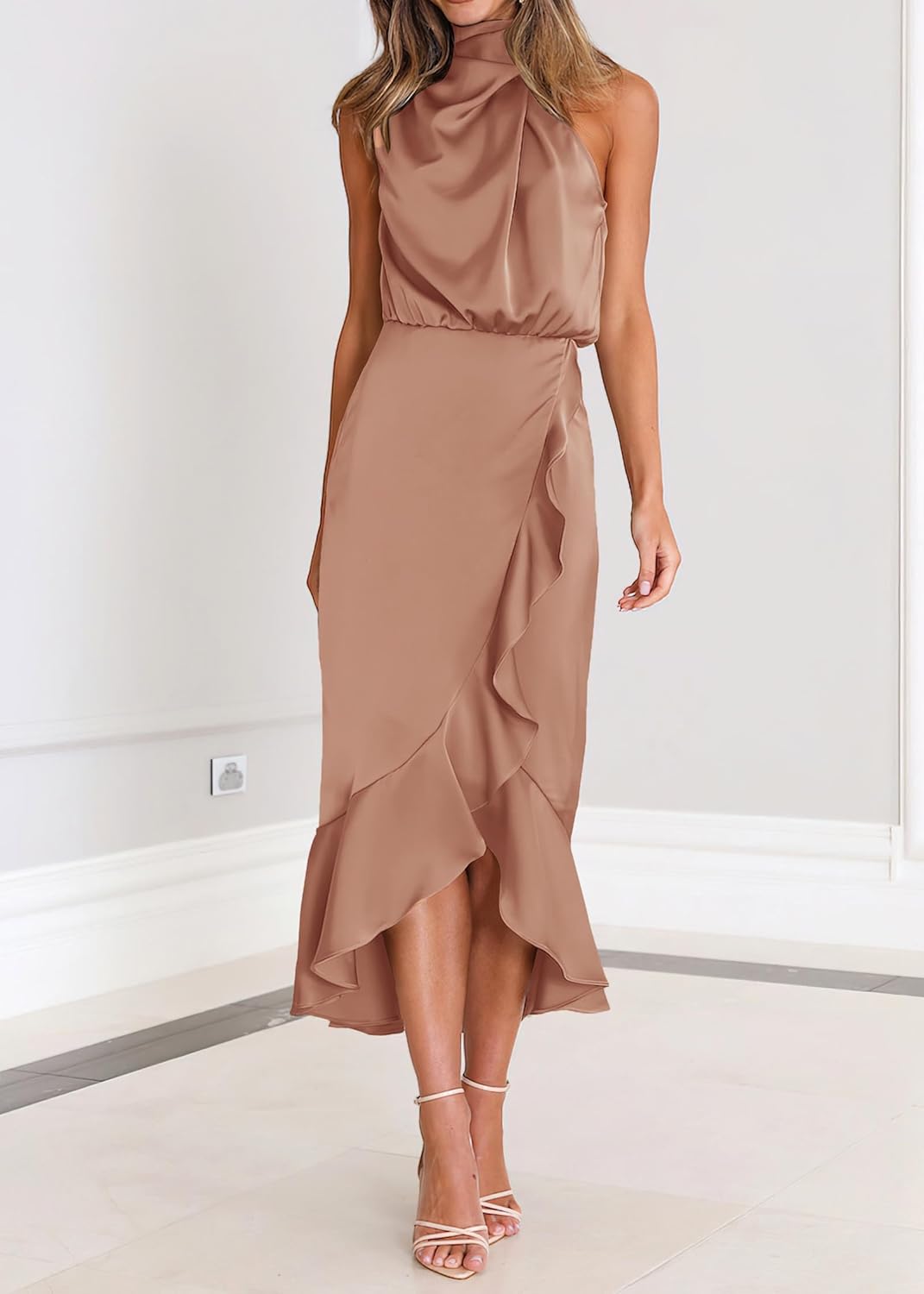 KIRUNDO Women 2026 Spring Summer Satin Mock Neck Wedding Guest Party Cocktail Midi Dress Sleeveless Wrap Ruffle Formal Dress - Image 3