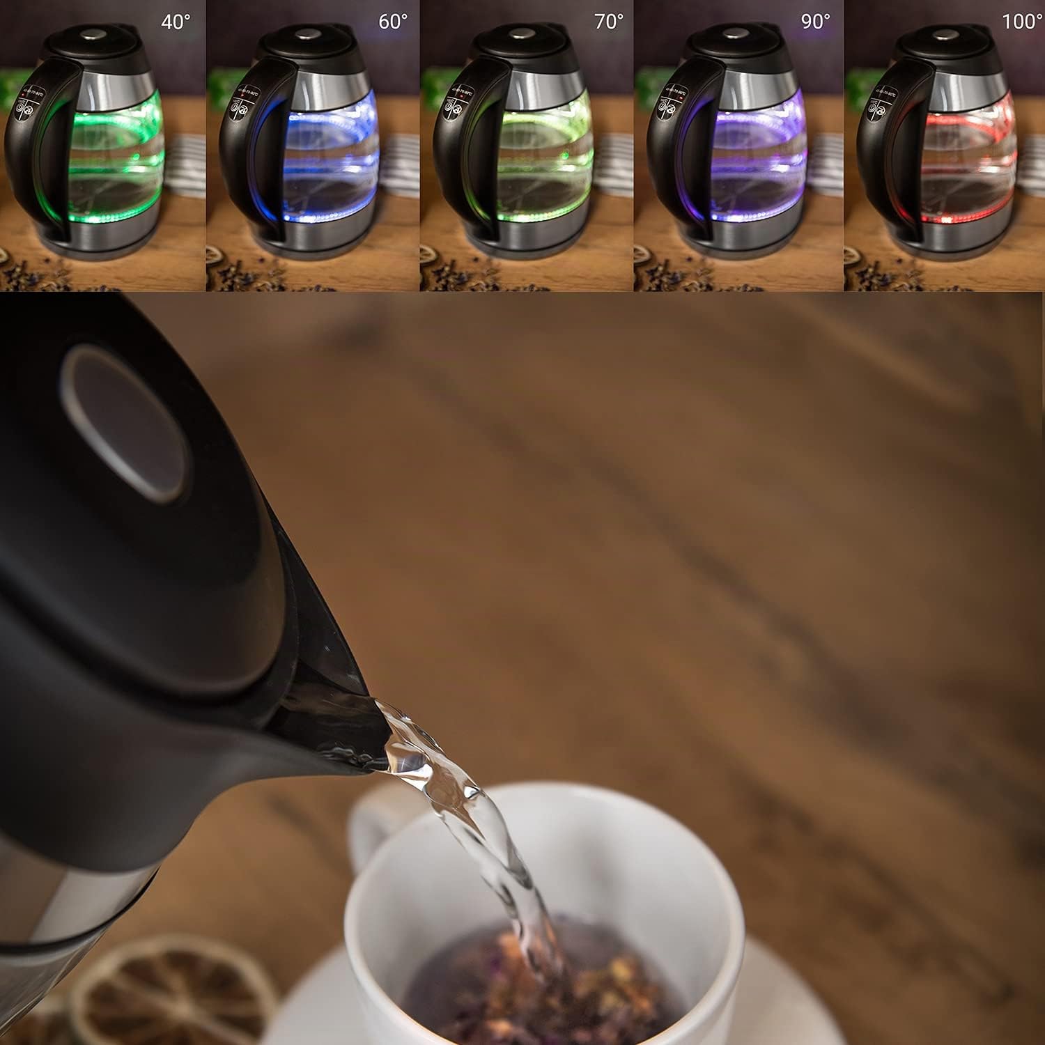 TZS First Austria Edelstahl Glaswasserkocher mit Teefilter 1,8L, 2200W, Temperatureinstellung 40 Grad, Wasserkocher, Farbwechsel, LED Beleuchtung-Farbe je nach Temperaturwahl, schwarz