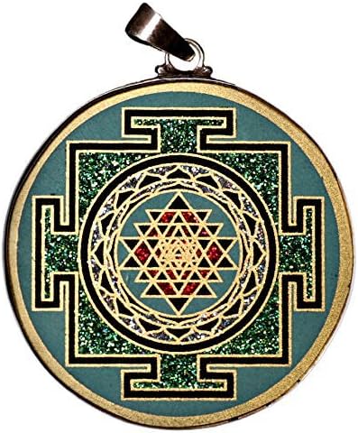Shri Yantra Turquoise Blue and Emerald Green Resin and Silver Pendant for Men and Women