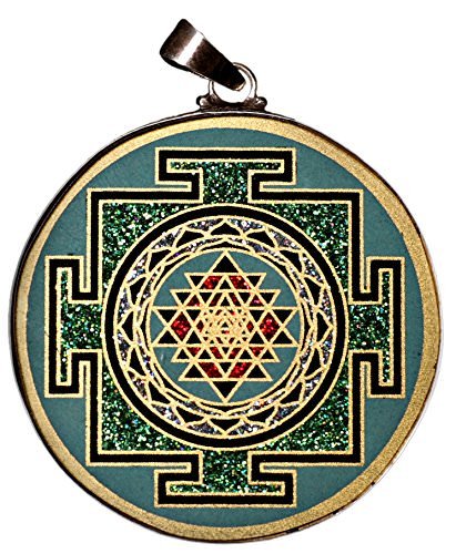 Shri Yantra Turquoise Blue and Emerald Green Resin and Silver Pendant for Men and Women