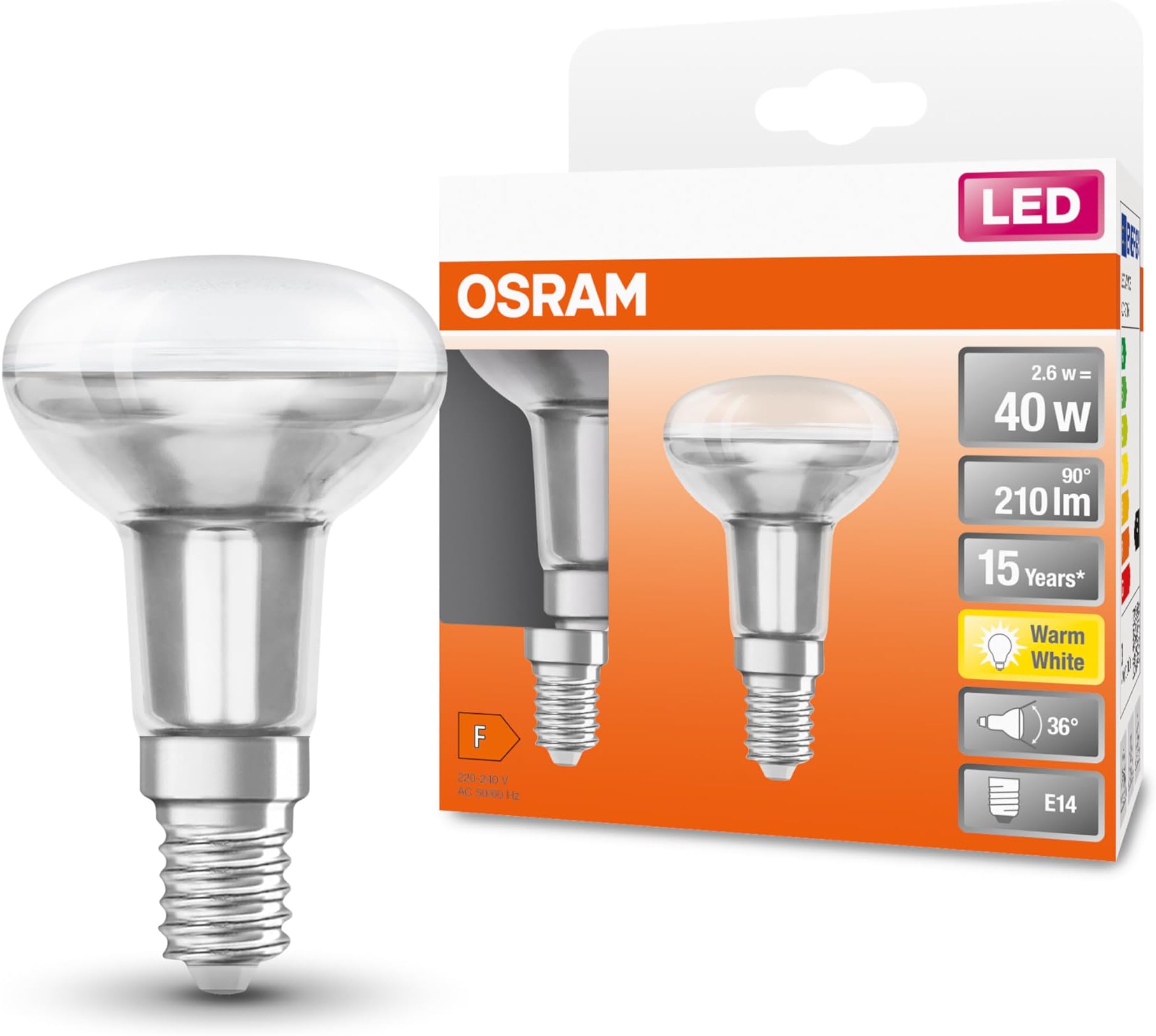 Osram Pack of 2 LED Bulbs | E14 Base | Reflector Shape R50 | Warm White 2700K | 2.6 W