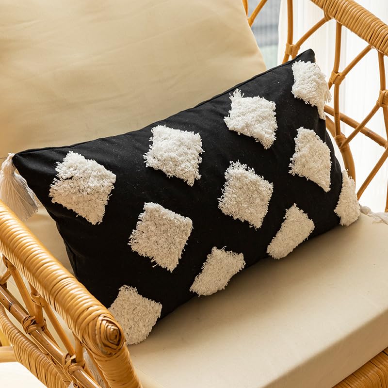 Black and White Decorative Pillowcase Embroidered Tufted Tassel Cushion Cover Morocco Bohemian Luxury Simple Hold Throw Pillow Cover Decoration for Couch Bed Living Room (12"X20"Color C)