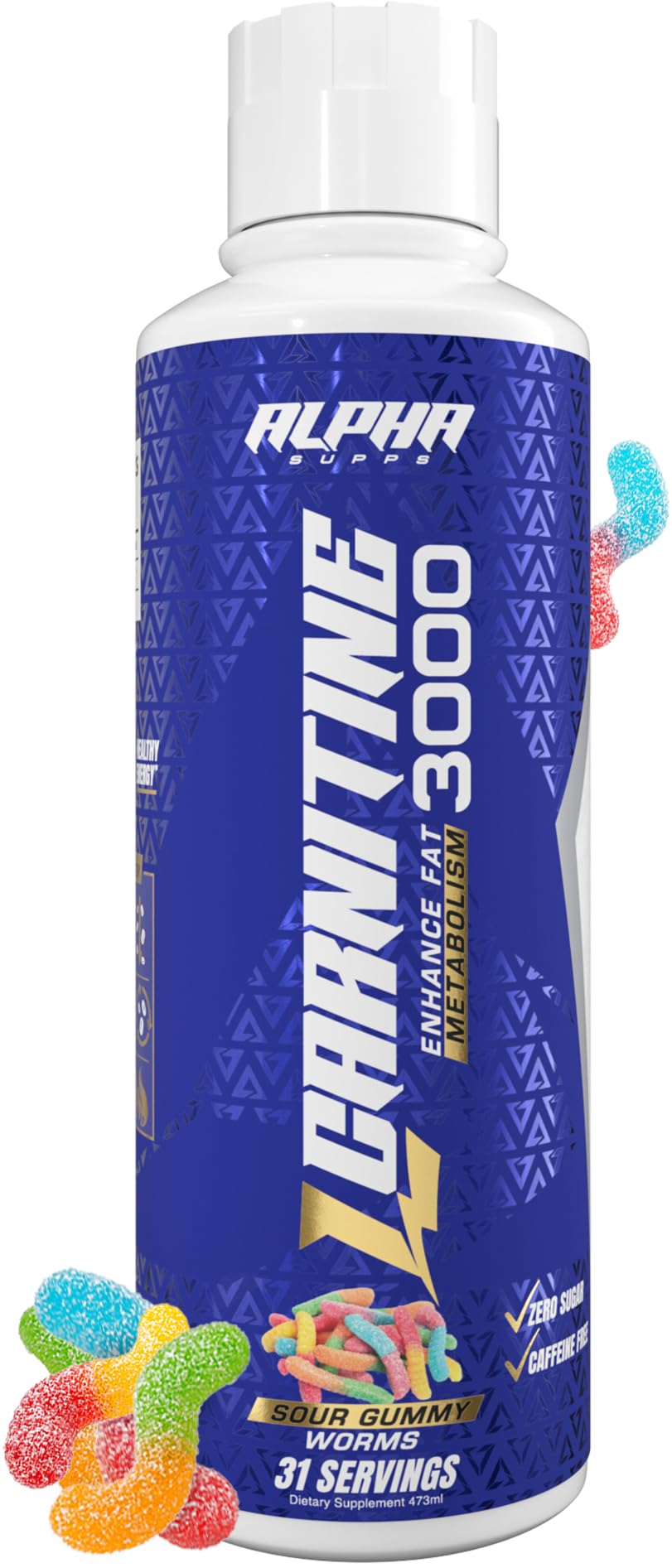 Alpha Supps L-Carnitina Líquida 3000 | Suplemento de L-Carnitina sin estimulantes para hombres y mujeres | Incremento de energía pre-entrenamiento y recuperación muscular | Sin azúcar, grasas ni carbohidratos | 31 porciones (gomitas ácidas)
