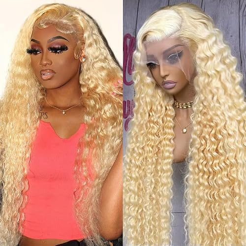 Alidiamond 26 Inch Blonde Wig Human Hair Water Wave 613 Lace Front Wig Human Hair 180 Density 13x4 Lace Front Wigs Natural Wave Blonde Curly Wig Human Hair