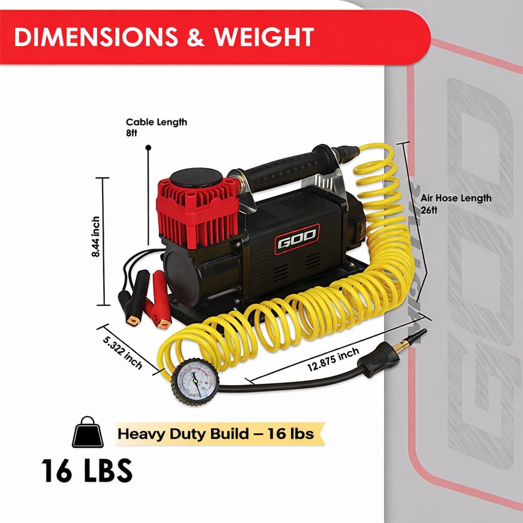 12V Portable Air Compressor – 5.65 CFM Heavy-Duty Tire Inflator for Truck, SUV & Off-Road Vehicles – 150 PSI Battery Clamp Air Pump with Gauge & Storage Bag