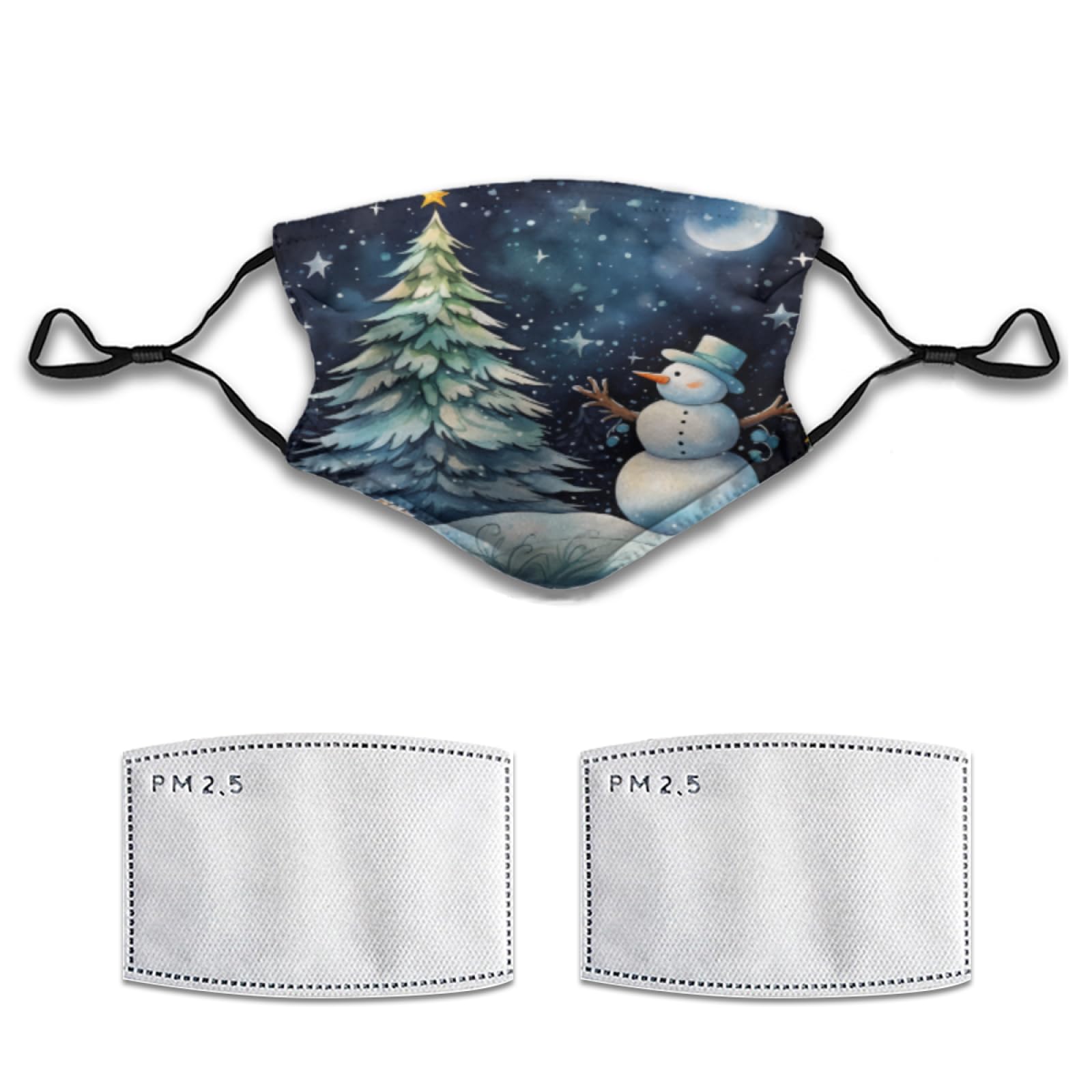 Snowman Christmas Tree Face Mask Adult Washable Reusable Pleated Anti Dust Mask 5-Layer Protection Fashion Adjustable Cloth Mouth Masks with 2 Filter for Women Men Unisex Decorative, 1 Pcs