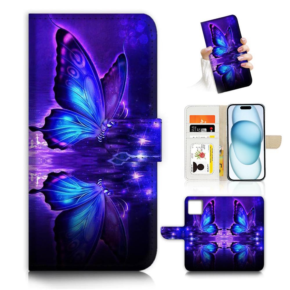 AJOURTEK for iPhone 15 Art Designed Flip Wallet Style Cover Case Fancy Flower Full Body Protection AD003 (#24885 Butterfly)