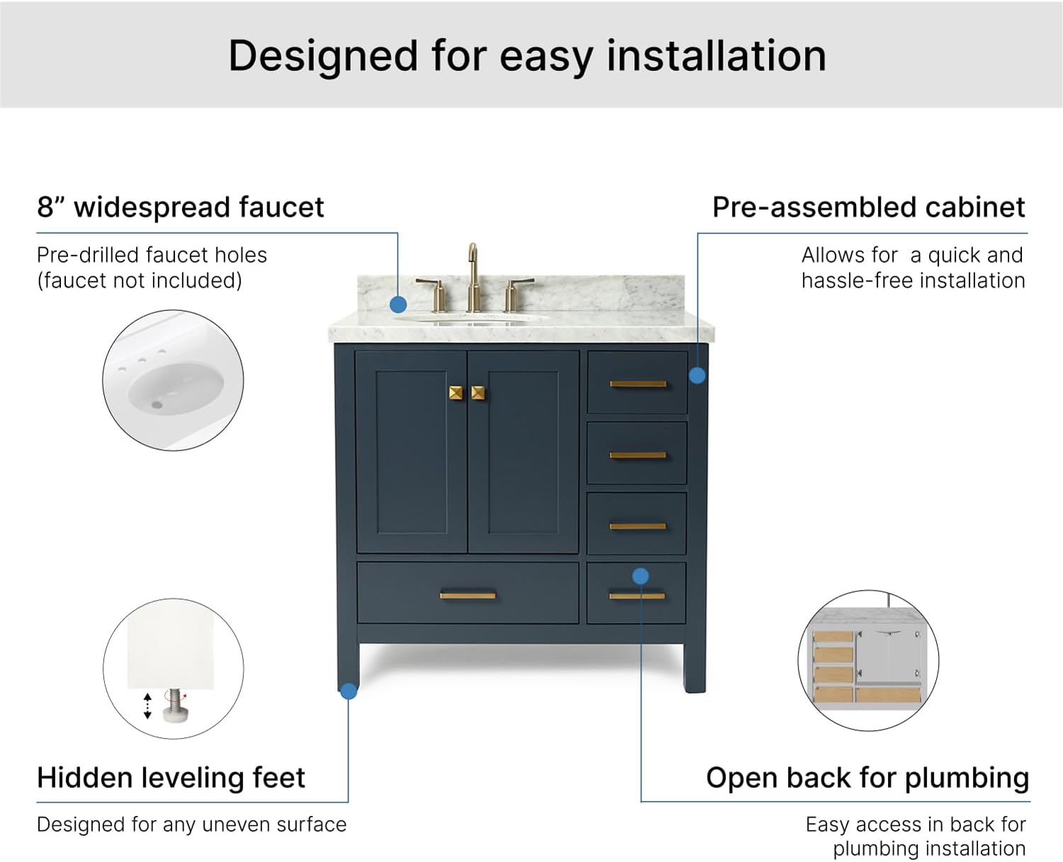 ARIEL Cambridge 36-inch Bathroom Vanity with Sink,Solid Wood, 1.5-inch Italian Carrara Marble Countertop, Single Oval Porcelain Sink, 2 Soft Closing Doors, 5 Dovetail Drawers, Midnight Blue