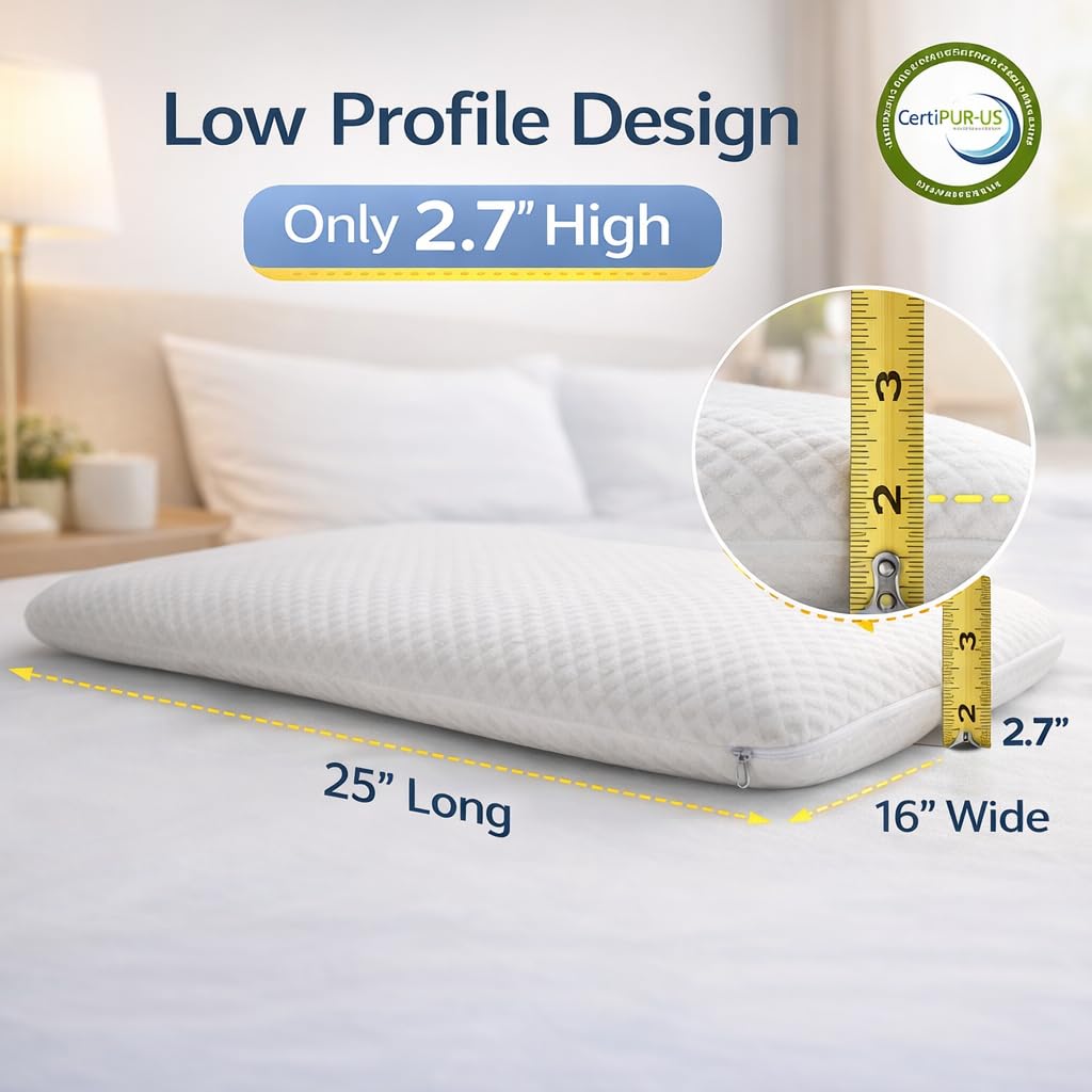 DLIGHT BD Almohada ultrafina de espuma viscoelástica con infusión de gel para dormir de estómago de 2.7 pulgadas, diseño ultrafino y plano para personas que duermen boca abajo y boca arriba
