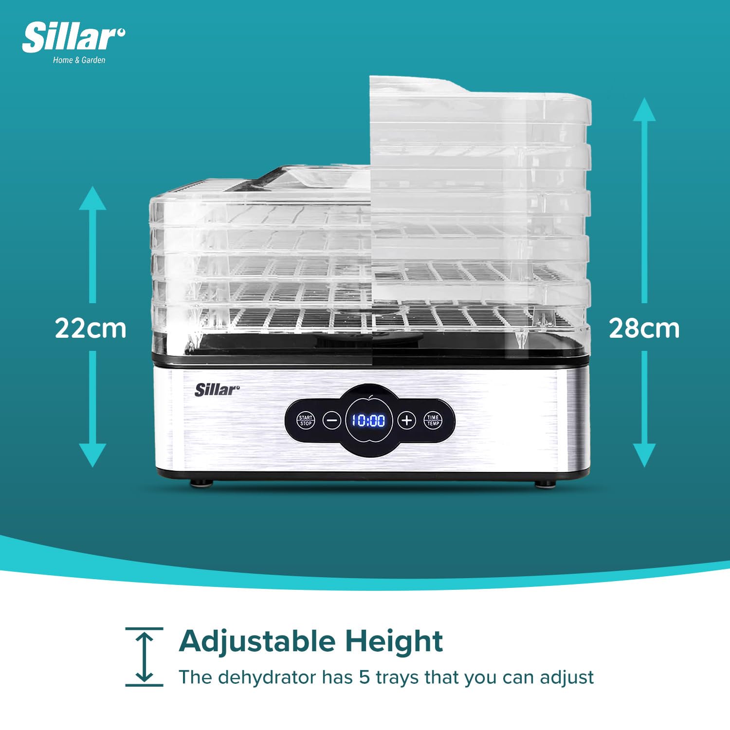 Sillar Bellelife odwadniacz żywności z regulatorem temperatury, 5 półek, 240 W, 35-70°C, timer do żywności, mięsa, warzyw