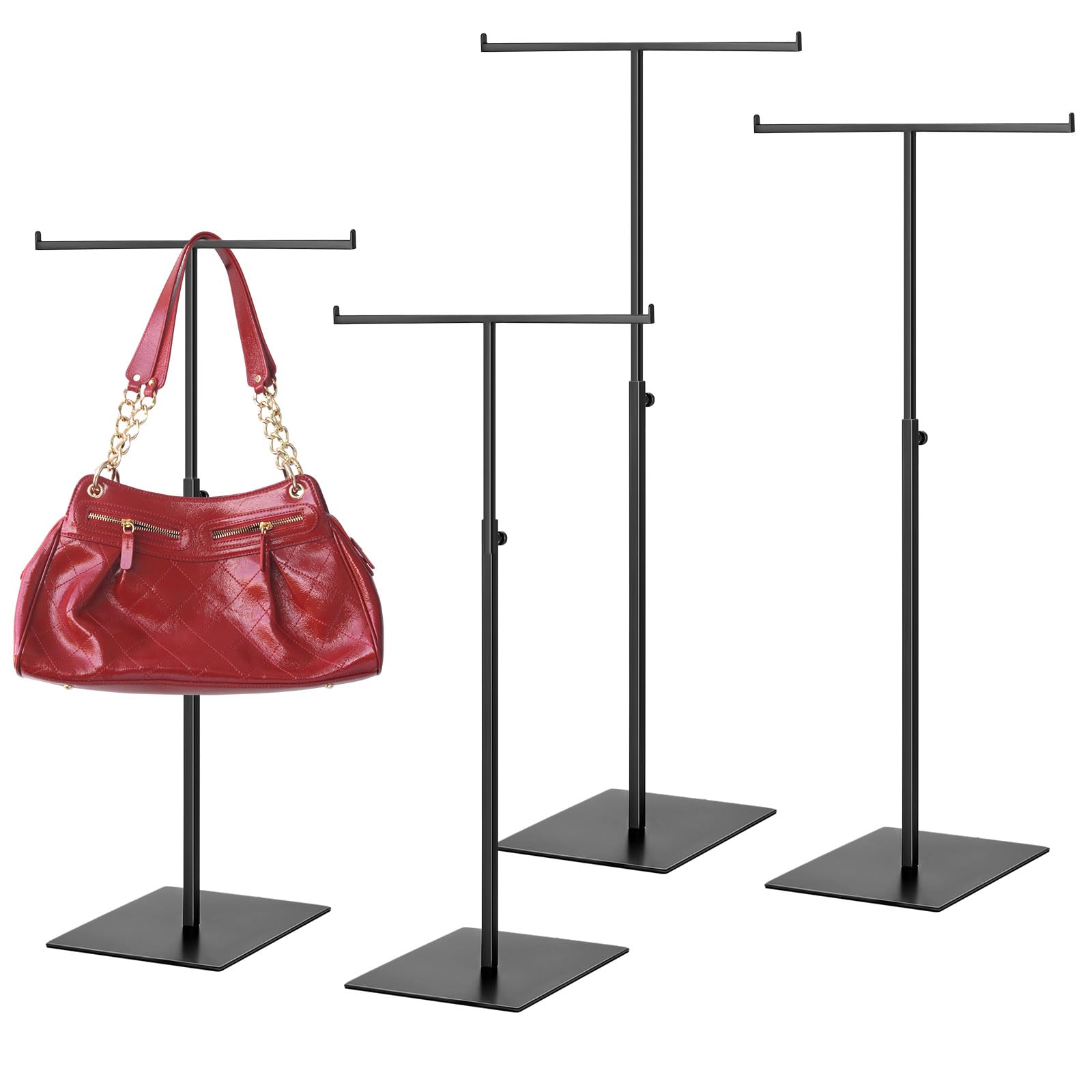 Leinuosen 4 Pcs Tabletop Purse Display Stand Metal T Bar Handbag Display Stand Holder Adjustable Height Double Hook Hanging Jewelry Stands for Home Store Boutique Counter(Black)
