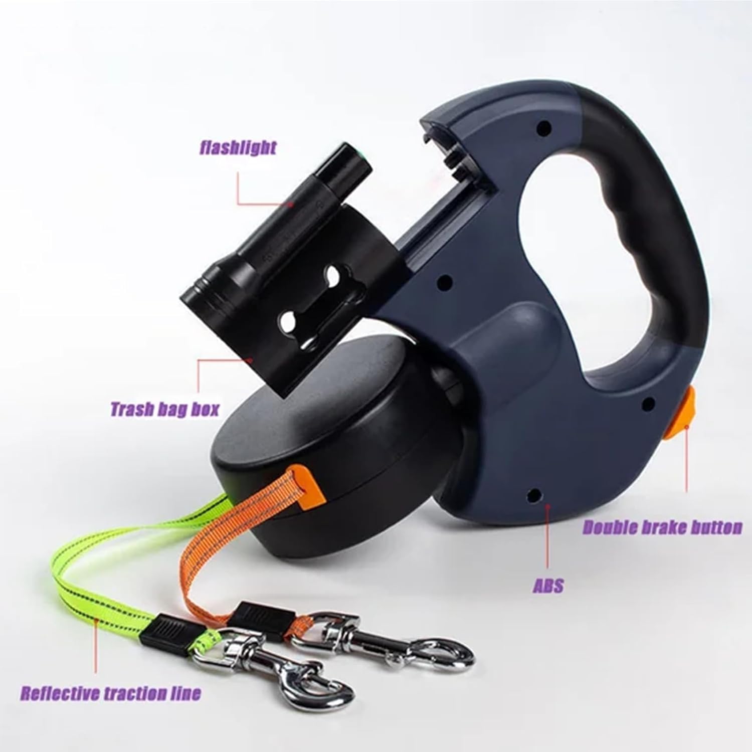 Flowleash – Flowleash Doppelleine, Doppel-Rollleine für Hunde, mit robustem 3 m langem Einzugsgurt, 360°-Drehgelenk und rutschfestem, leichtem Griff (Black)