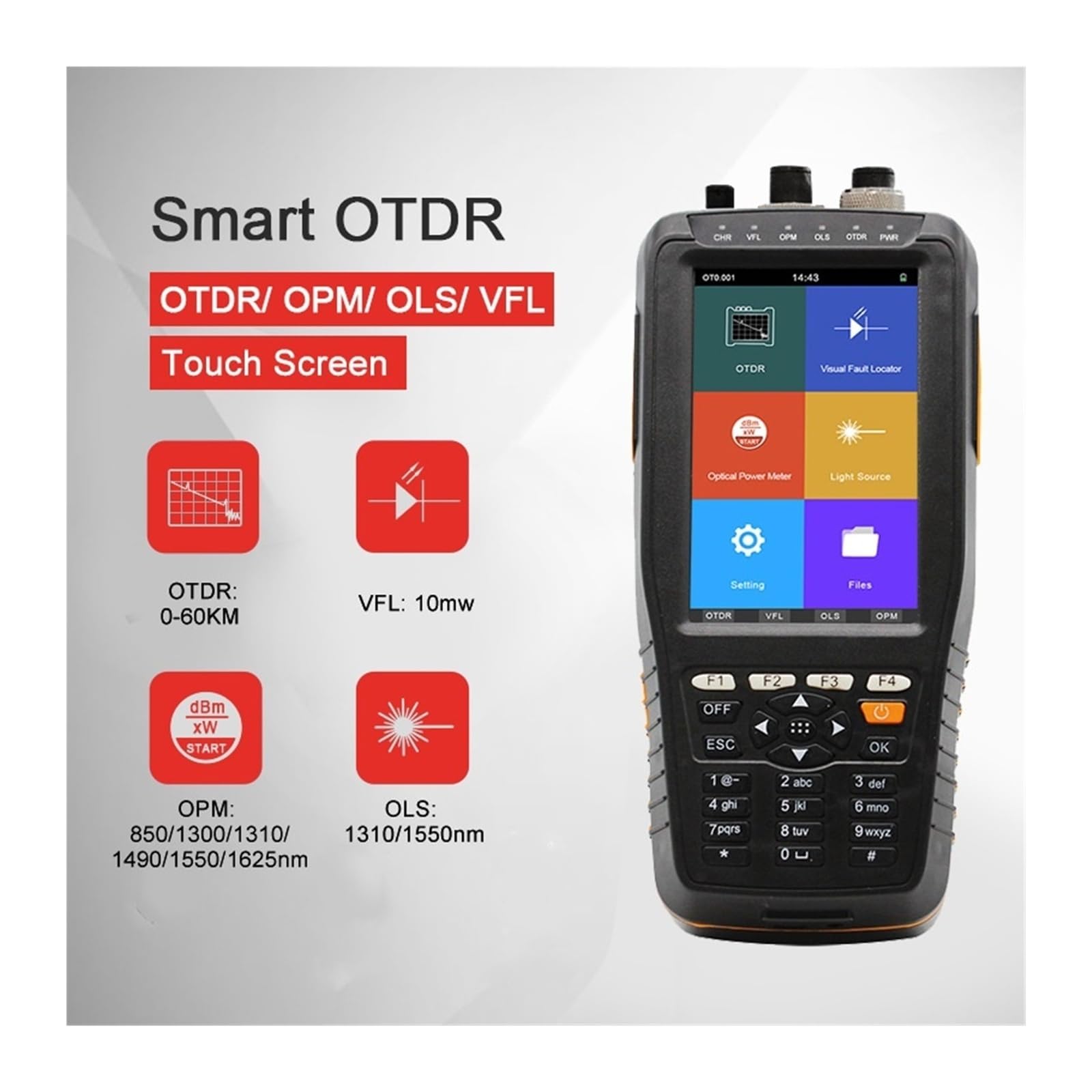 probador del cable de fibra óptica, Probador OTDR OPM OLS VFL inteligente TM290T con pantalla táctil de 4 pulgadas, reflectómetro dominio tiempo óptico 1310/1550 nm y 22/20 dB(UPC)