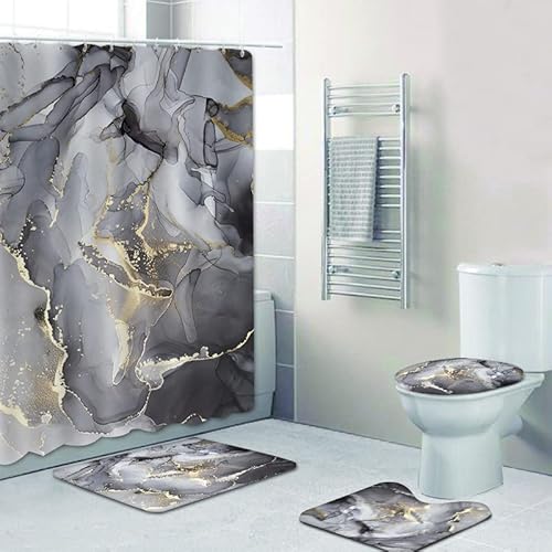 Rlhhug Black Gray Gold Marble Bathroom Sets With Rugs For Bathroom Decor, 72X72 Inches Gold Shower Curtain With Non-Slip Rugs And Accessories, Waterproof Machine Washable Bath Curtain #TOP4